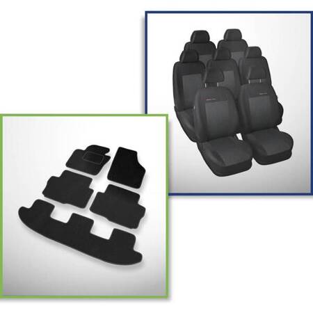 Set: tappetini in velluto + coprisedili cuciti su misura per Seat Alhambra II Van (2010-....) – serie Elegance P-3 - poggiatesta standard